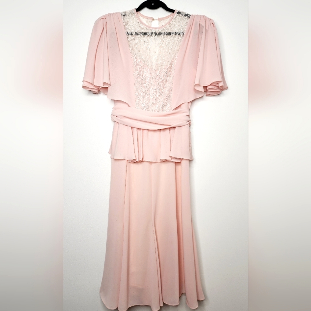 Vintage Pink Midi Dress Flutter Sleeve Lace‎ Open Back